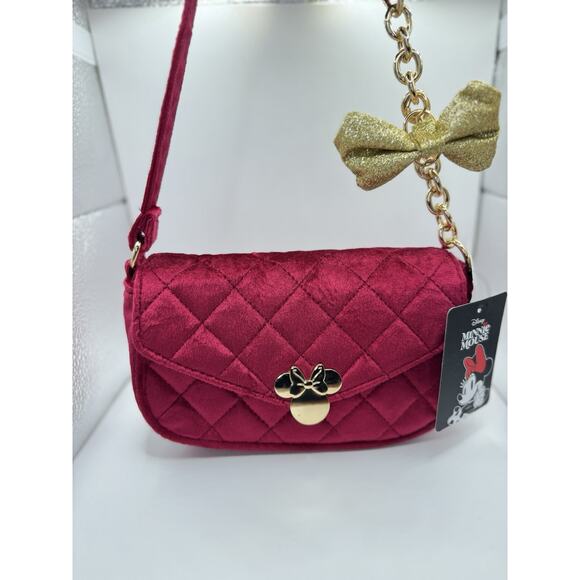 Disney's Minnie Mouse Burgandy Velvet & Gold 3D Bow Mini Cross Body Bag-NWT - Picture 1 of 7